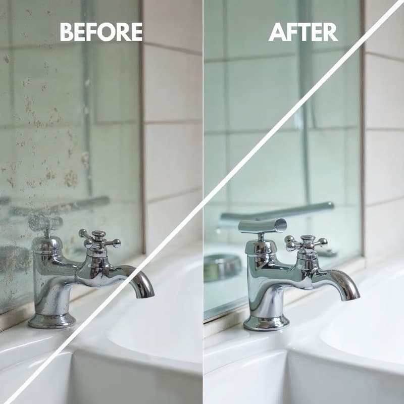 Before and after comparison of a bathroom clean — grimy taps transformed to gleaming chrome