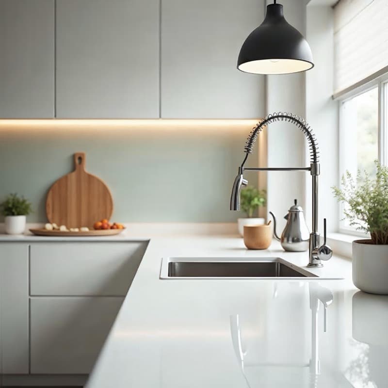 A spotless modern kitchen after a professional clean — gleaming countertops and stainless steel