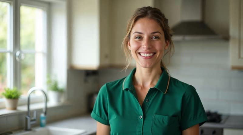 A friendly Scrubster cleaner in a green polo shirt, smiling in a clean kitchen