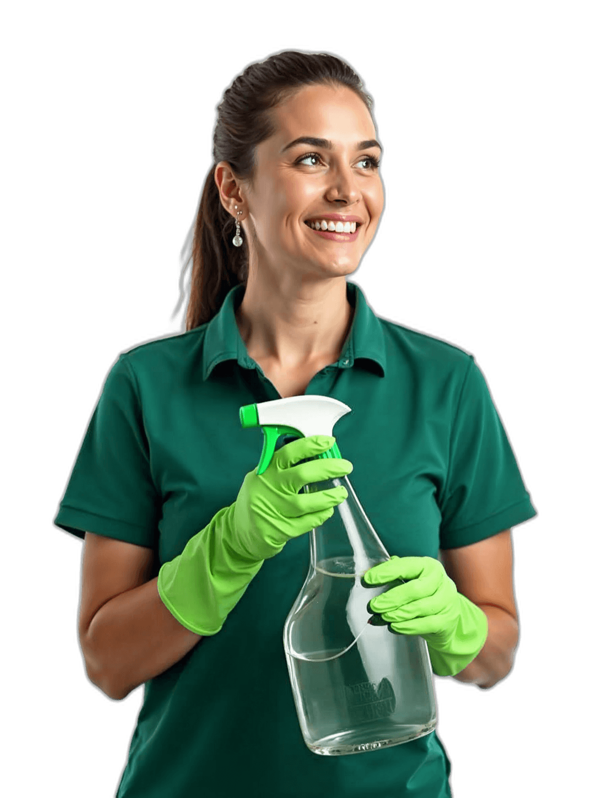 A professional cleaner in a green polo shirt with cleaning gloves and spray bottle