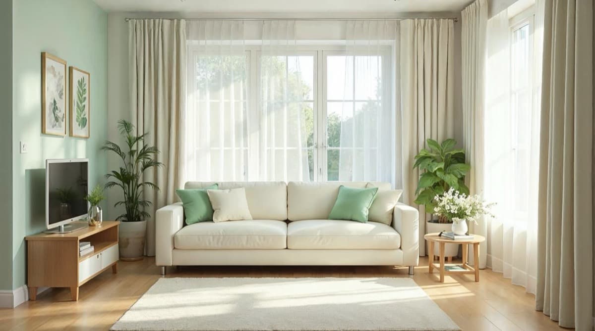 A bright, freshly cleaned living room with natural light and mint green accents