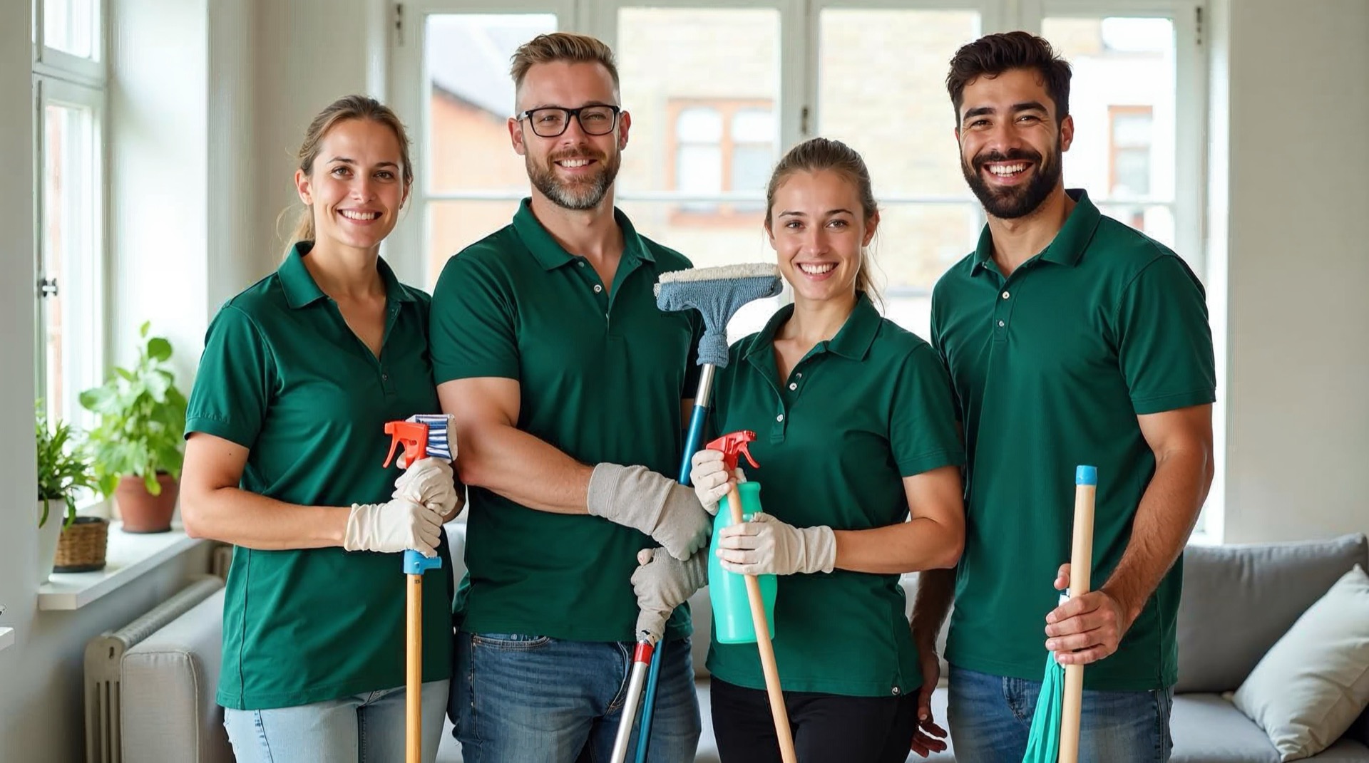 Four Scrubster cleaners in green polo shirts with cleaning supplies, smiling in a bright living room