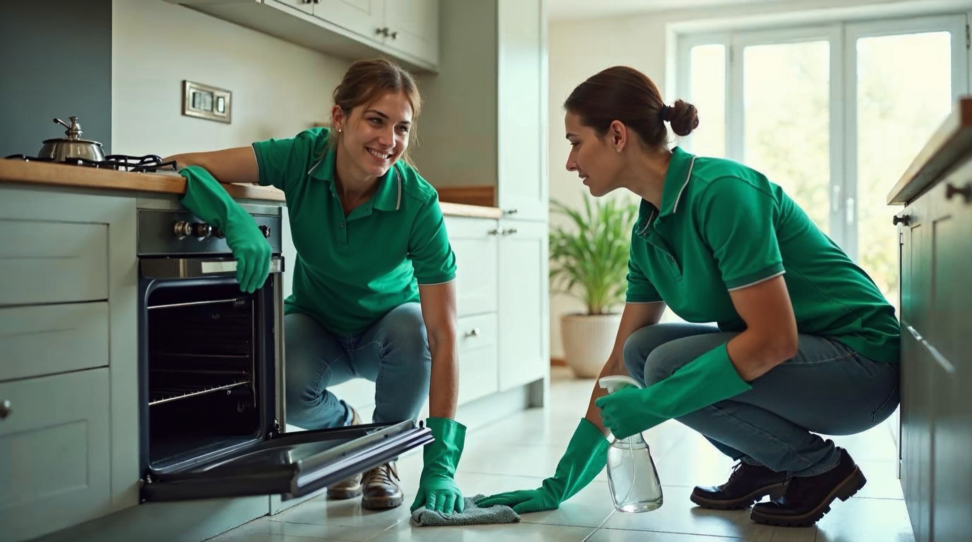 A professional cleaner deep cleaning an oven in a modern kitchen